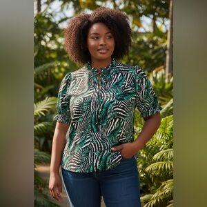 SHEIN Black and White Puff Sleeve Button Down Shirt